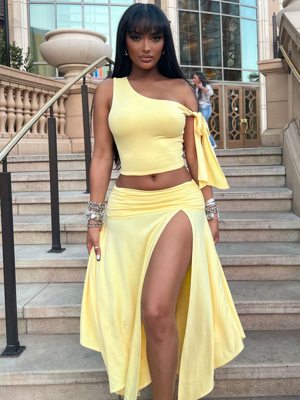 Zara One Shoulder Sleeveless Top with Draped Sash and Slit Skirt Set
